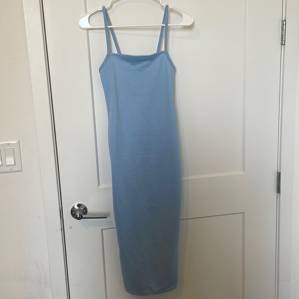 Pretty little thing form fitting square neckline midi baby blue dress bodycon